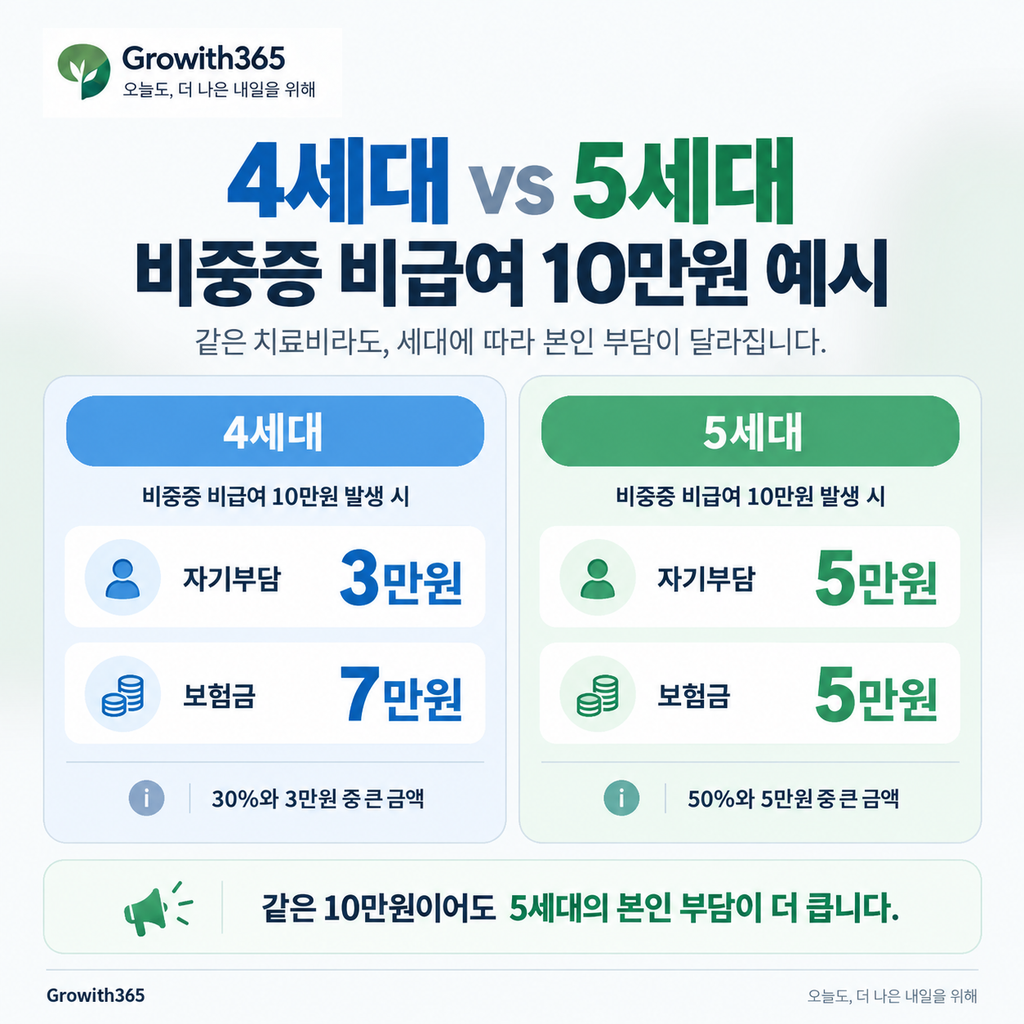 4세대와 5세대 실손보험의 비중증 비급여 10만원 자기부담금 비교