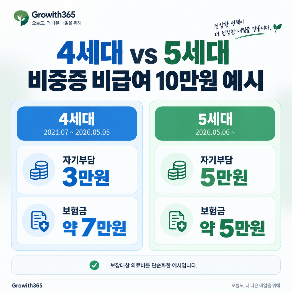 4세대와 5세대 실손 비중증 비급여 자기부담금 비교
