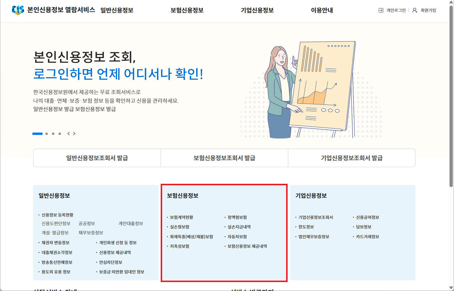 한국신용정보원 크레딧포유 보험신용정보 조회 메뉴