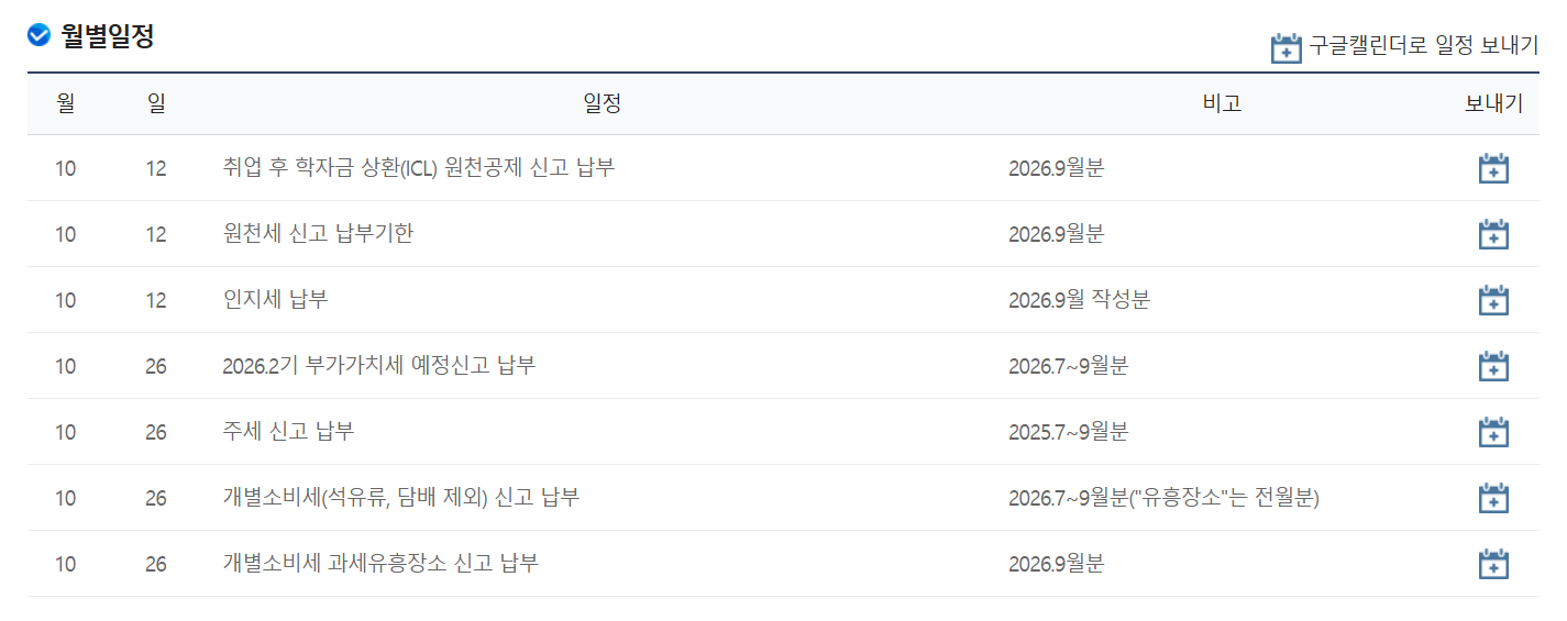 국세청 2026년 10월 세무일정 원천세 10월 12일 부가가치세 예정신고 10월 26일